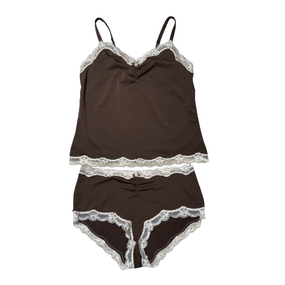 Pink K Womens L Brown & Ivory Lace Lined Adjustable Stretchy Lingerie Set